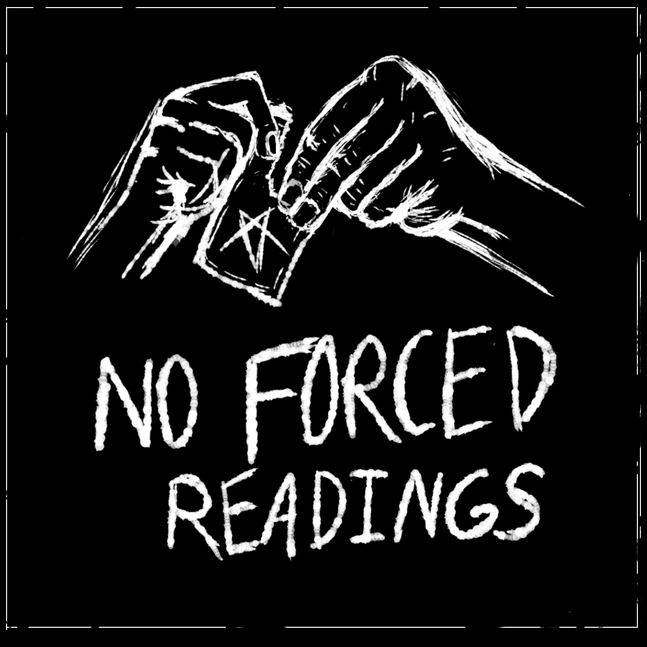No Forced Readings logo — two hands tearing a tarot card apart, with the words No Forced Readings written below in hand-drawn lettering